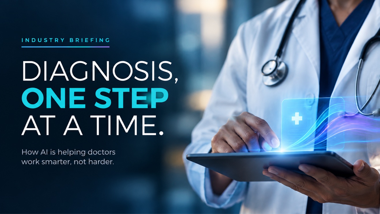 Diagnosis, one step at a time. A doctor using a tablet with a digital health display.